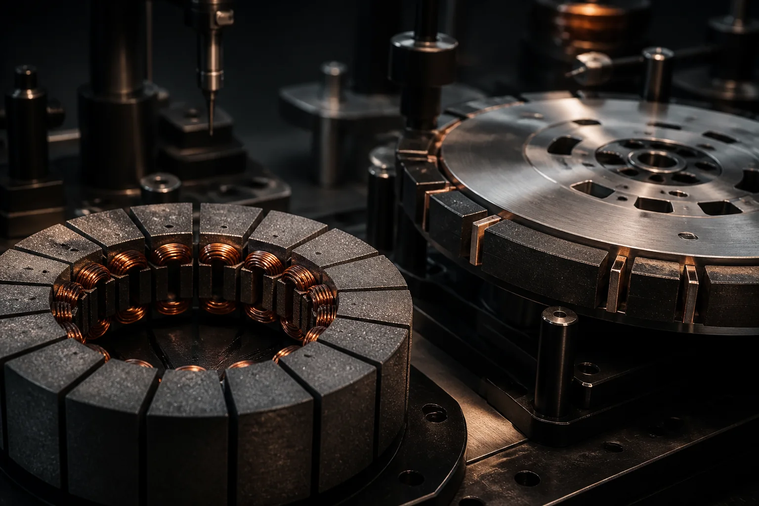 Visualizzazione concettuale di segmenti di statore in materiale composito magnetico morbido e di un gruppo rotore su un banco di ingegneria di precisione.
