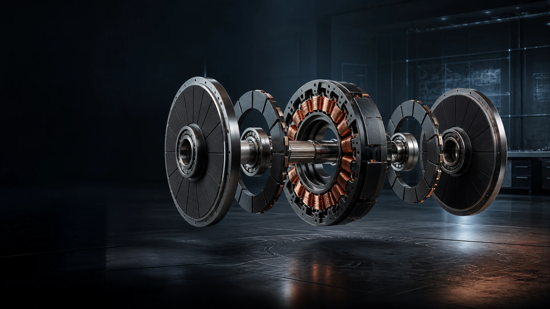 Concept visualization of an exploded dual-rotor axial-flux electric machine in a dark engineering laboratory