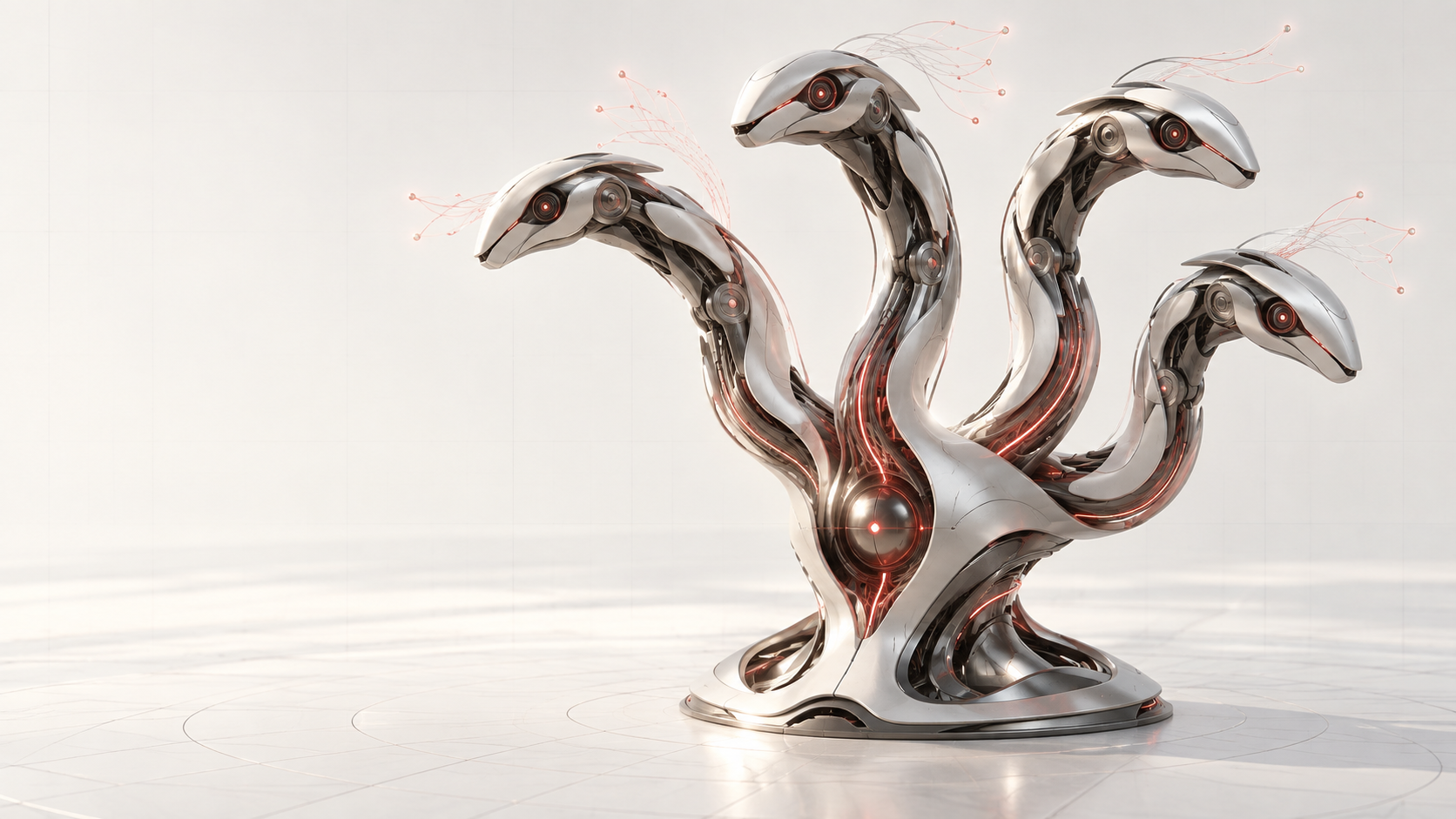 Conceptual robotic Hydra with four heads connected to one central core.