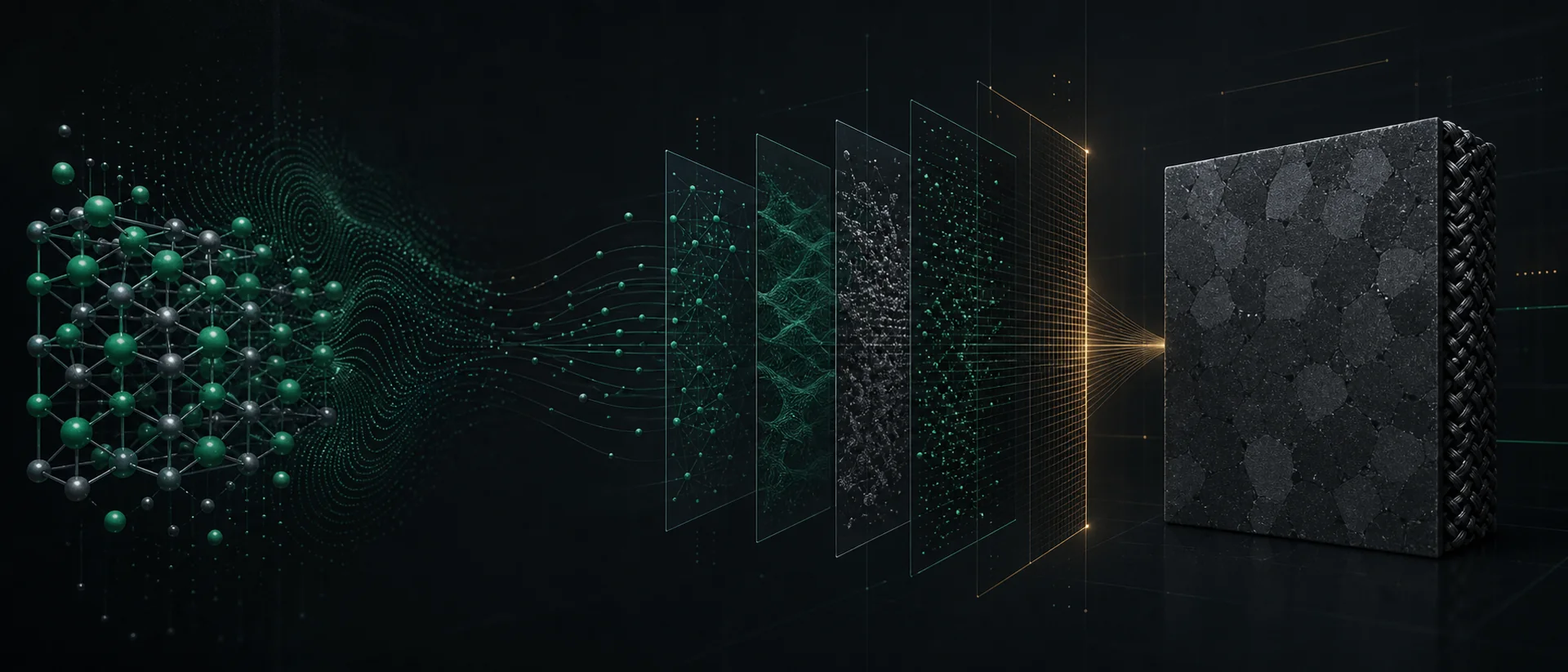 Illustrative scientific journey from atomic structure to an engineered material coupon