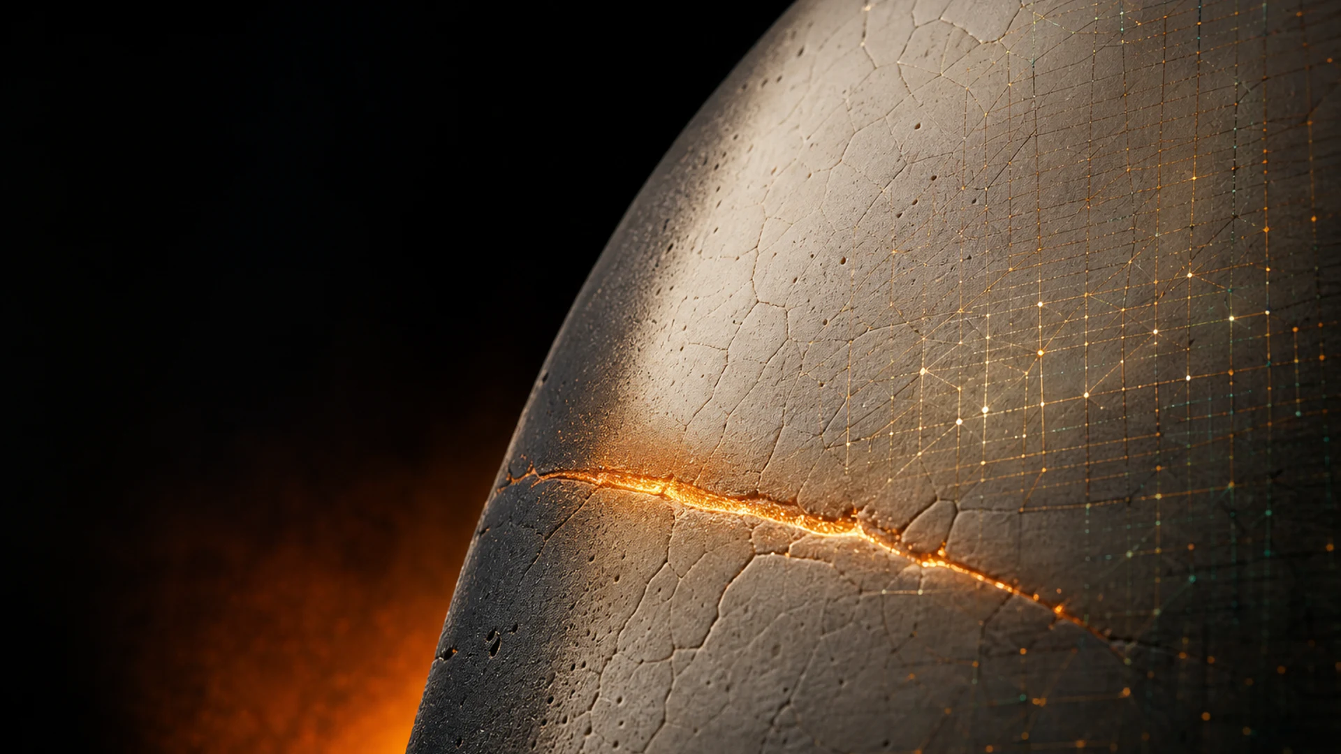 Visualisation conceptuelle d'une surface en céramique conçue pour détecter et sceller les microdommages sous l'effet de la chaleur.