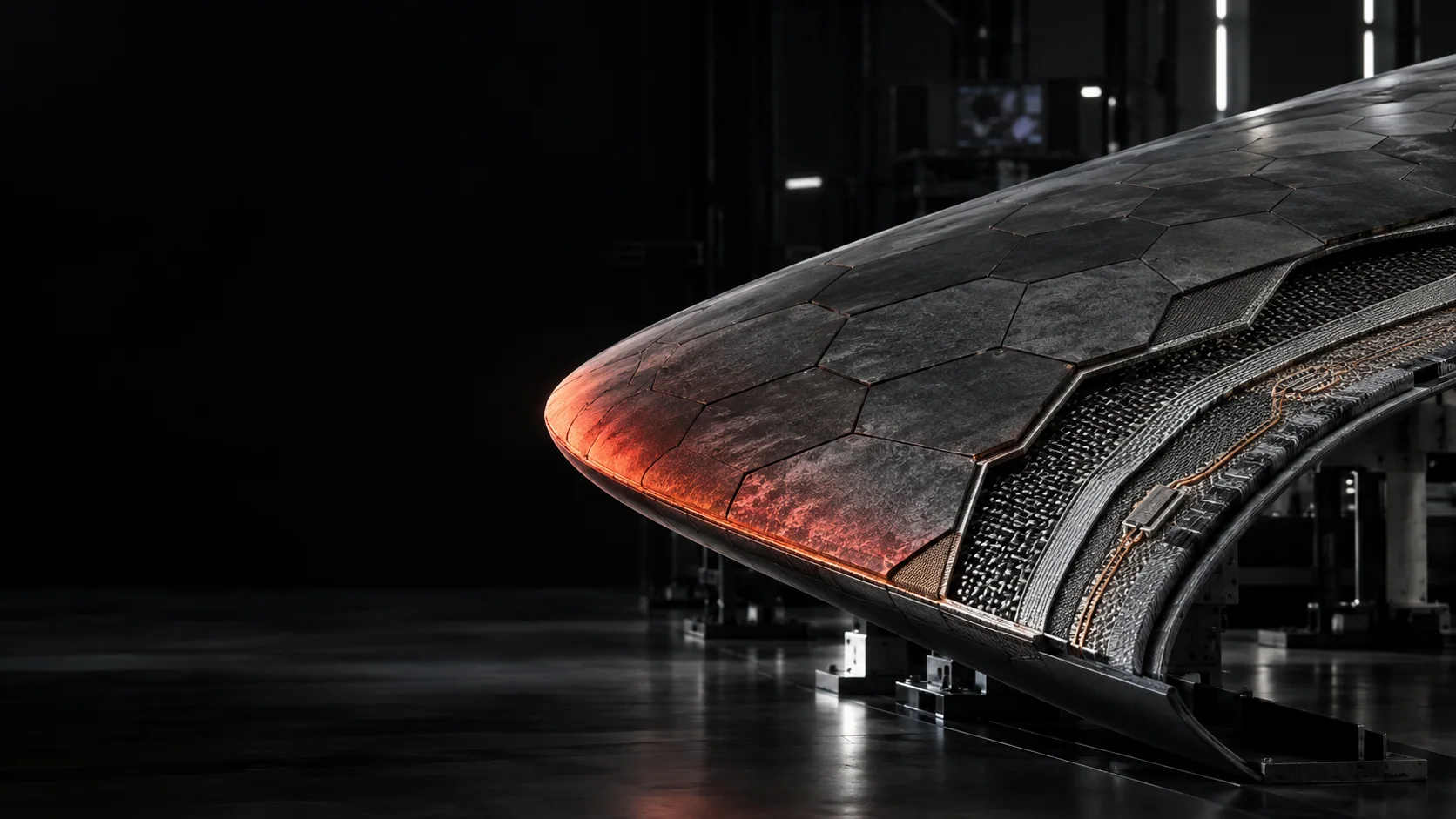 Aero-Skin composite thermal protection panel in a dark materials laboratory.