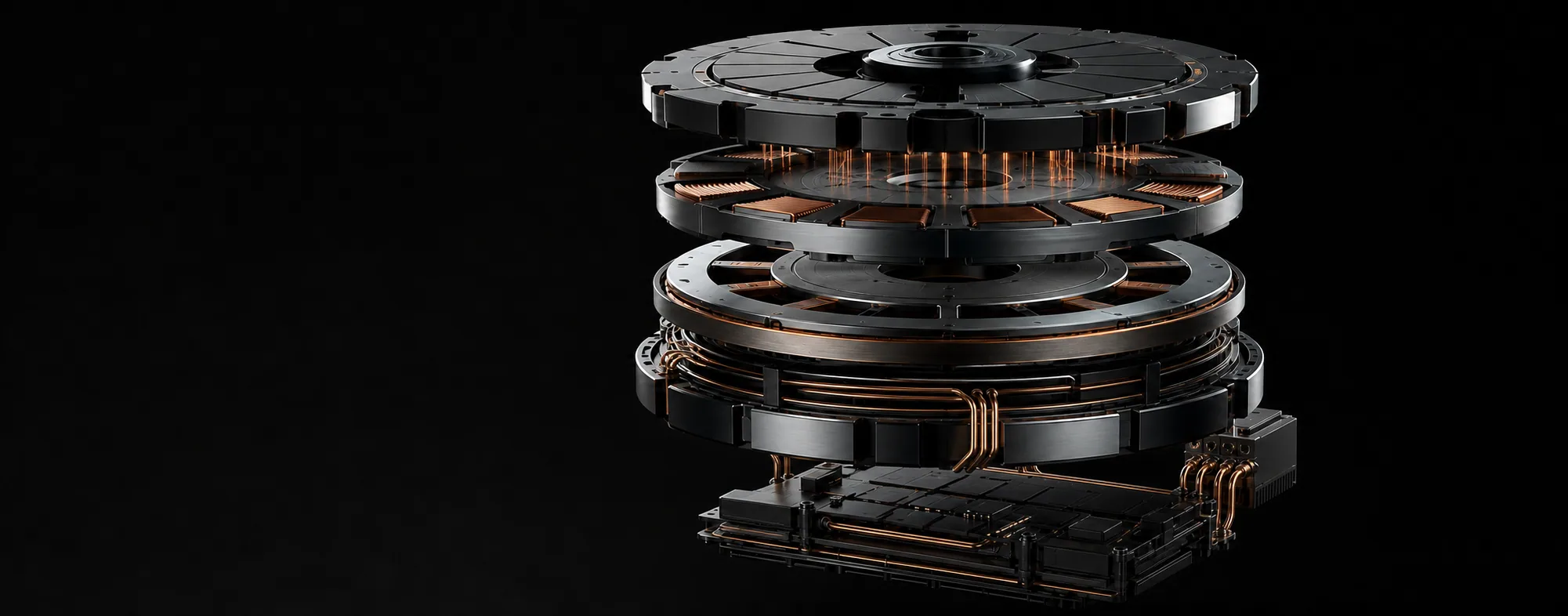 Exploded axial-flux electric machine architecture with copper windings, magnetic structure and deterministic controller