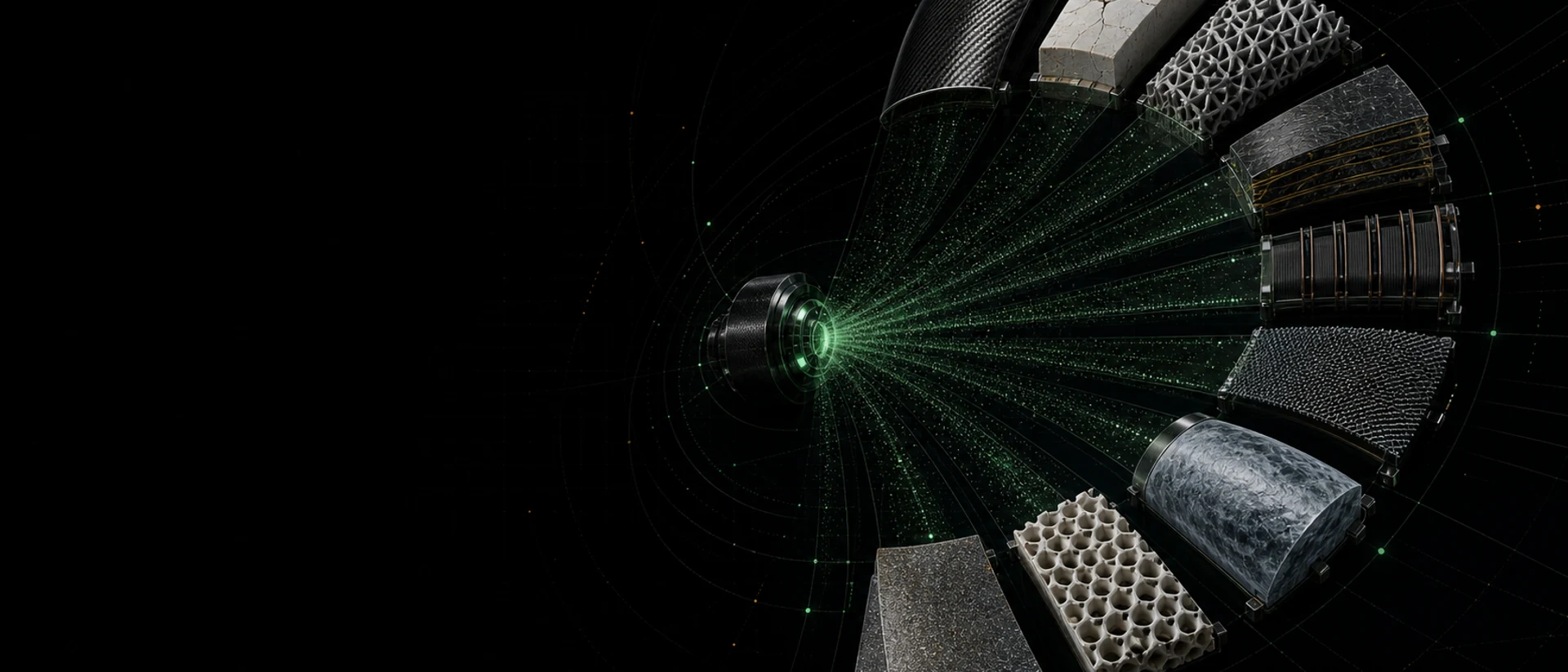 Nine advanced material specimens arranged around a governed green evidence field