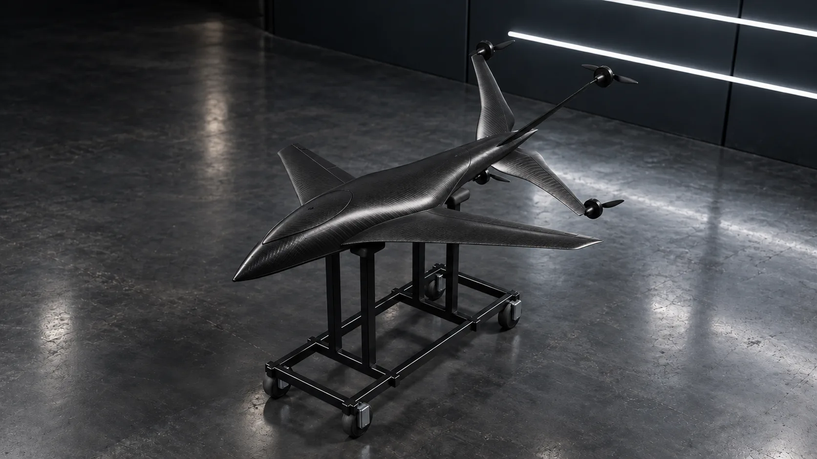 Three-quarter view of Peregrine X, Reinventy’s hybrid VTOL airborne demonstrator, in its four-lift-motor configuration.