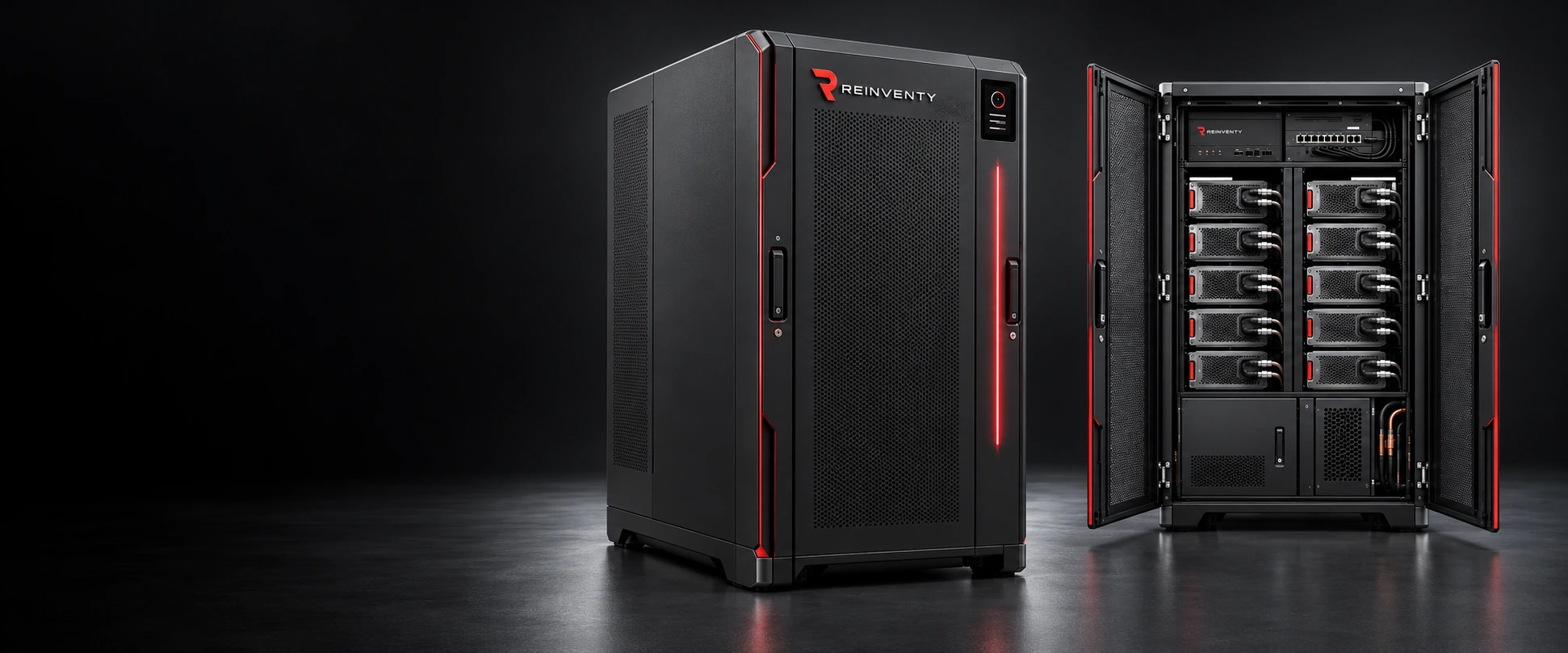 Concept industriel de THOLON : vues fermée et ouverte du micro data center Reinventy proposé. Il s’agit d’une visualisation du produit, pas d’une photographie d’une installation réalisée.