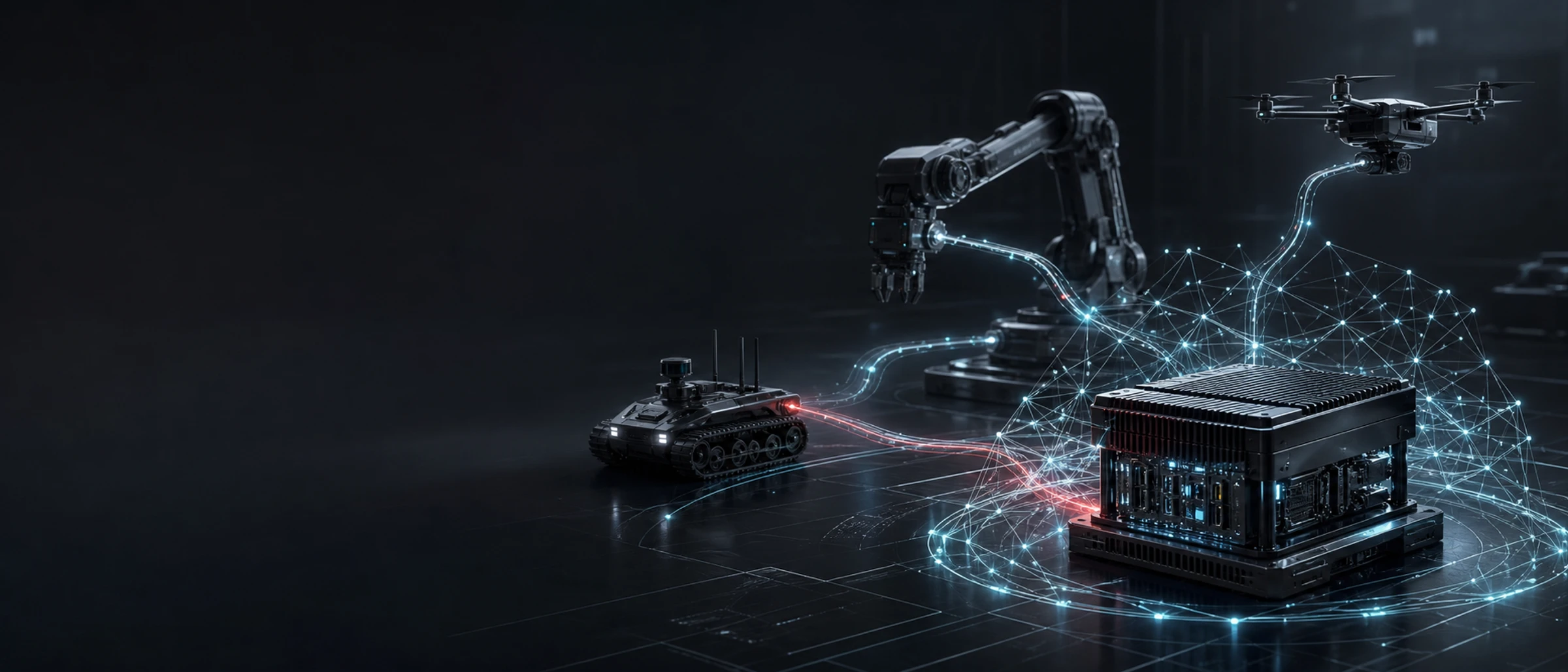Concept visualization of Tin Man OS connecting sovereign edge cognition to industrial robotics, an autonomous ground platform and an aerial drone