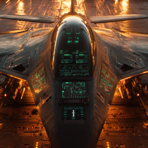 Jet in hangar at night.
